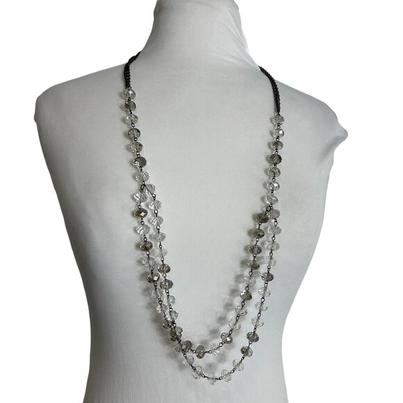 Silver Toned Crystal Beaded Double Tier Necklace 36" Classic Basic - Picture 1 of 8